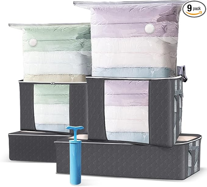 VOUNOT Set of 9 Clothes Storage Bag with Large Capacity Vacuum Bag 3 Foldabale EDENOO Storage bag with Reinforced Handle 3 Vacuum Bags with Hand Pump for Bedding and Clothes by VOUNOT