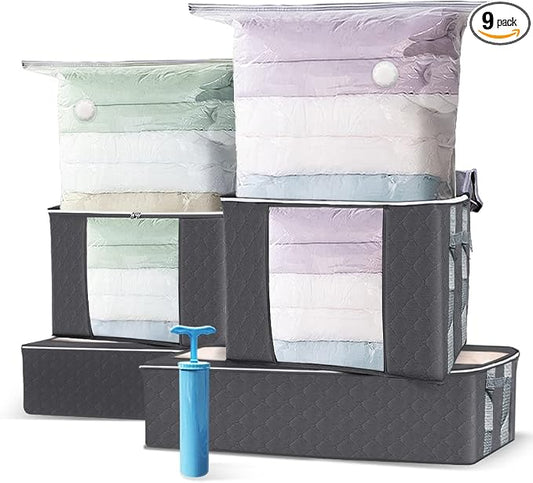 VOUNOT Set of 9 Clothes Storage Bag with Large Capacity Vacuum Bag 3 Foldabale EDENOO Storage bag with Reinforced Handle 3 Vacuum Bags with Hand Pump for Bedding and Clothes by VOUNOT