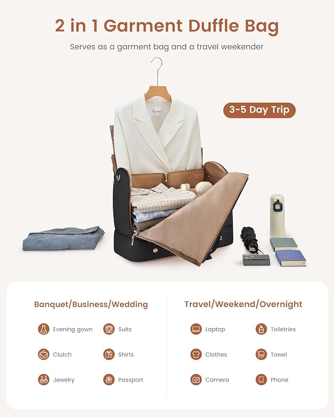 LOVEVOOK Convertible Garment Bag for Travel with Shoe Compartment, Carry On Garment Duffel Bag with Toiletry Bag, 2 in 1 Hanging Suitcase Suit Bag, Weekender Bag for Women Travel, Wedding, Black - Image 6