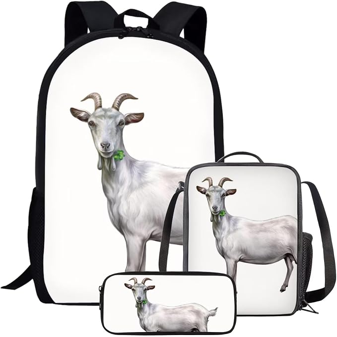 Kids Novelty Animal Backpack and Lunch Box for Boys Girls Student Lightweight 17 Inch School Domestic Goat Backpack with Lunch Bag Pencil Case Kids Comfy Padded Black Large Bookbag by Parprinty