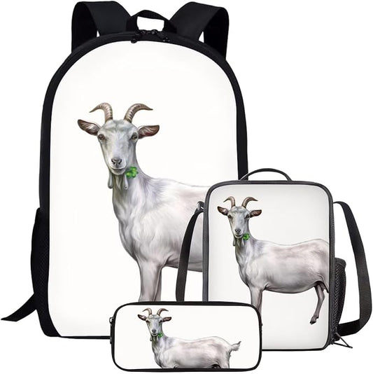Kids Novelty Animal Backpack and Lunch Box for Boys Girls Student Lightweight 17 Inch School Domestic Goat Backpack with Lunch Bag Pencil Case Kids Comfy Padded Black Large Bookbag by Parprinty