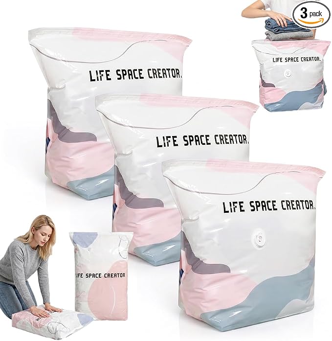 No‑Pump Vacuum Storage Bags, No-Pump Large Vacuum Storage Compression Bags, Press & Seal No Pump Needed for Clothes Bedding Comforters Blankets Travel Home Organization Off-Season Storage (3, Medium) by Hulezt