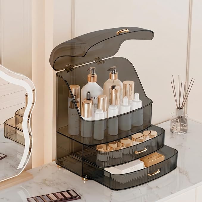 Makeup Organizer Countertop Vanity with Transparent Lid Drawers Waterproof Dustproof Cosmetic Skincare Bathroom Storage Gift for Women Teens Girls (Clear Black) - Image 3