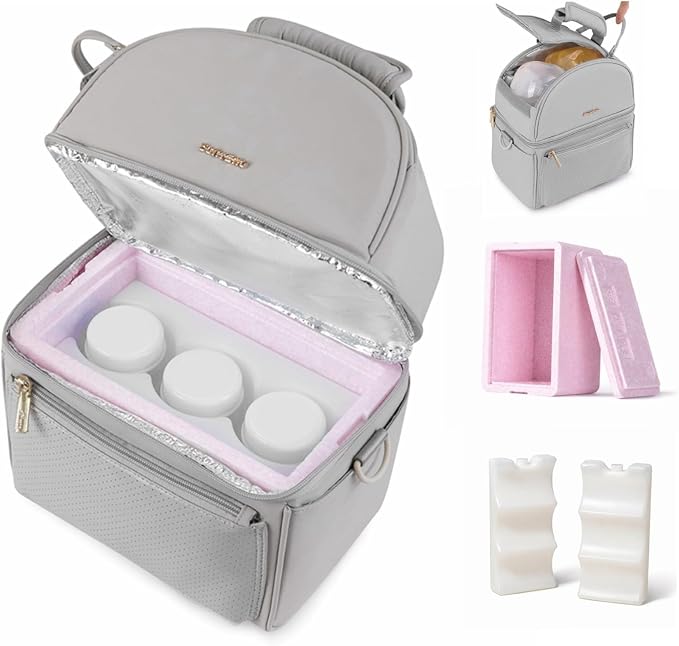 SUNVENO Breast Milk Cooler Bag with Detachable Insulation Box, Double-Layer Pumping Travel Bag for Work & Daycare, Fits Bottles, Ice Packs and Pump Parts,Grey by SUNVENO