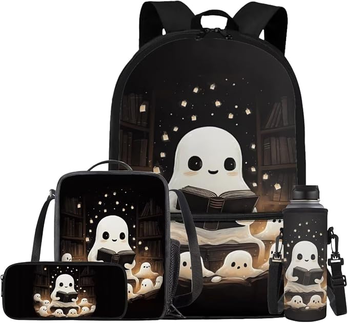 Ghost 1St Grade Backpack Girls with Lunch Box Cute Multi Compartment Preschool Elementary Primary Backpack Lightweight Kawaii Bookbag for Students with Chest Strap Back to School Stuff by Bivxisrvo