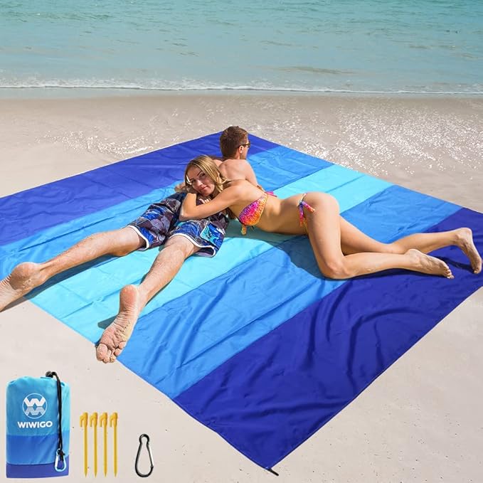 WIWIGO Beach Blanket Waterproof Sandproof Beach Mat 79" X 83"/10'x9'for 2-8 Adults Quick Drying Outdoor Picnic Mat Beach Accessories for Travel, Camping, Hiking by WIWIGO