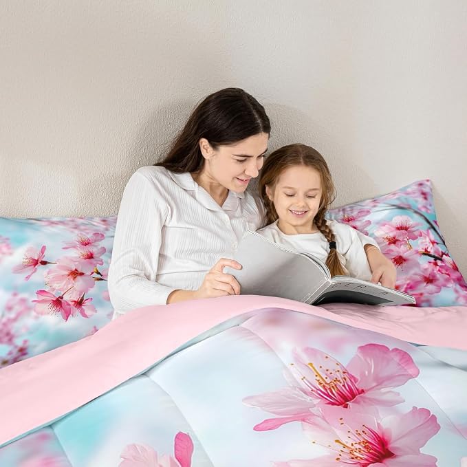 Erosebridal Cherry Blossoms Comforter Set Queen Size, Japanese-Style Floral Duvet Sets, Pink Flower Pattern Bedding Set for Kids Girls Teens Adult Bedroom, Romantic Bedding Comforters - Image 4
