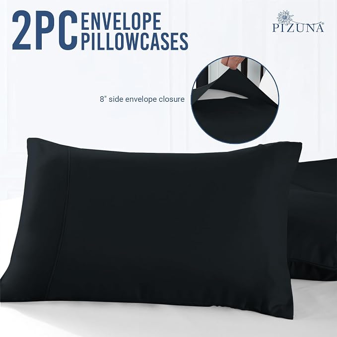 Pizuna 100% Cotton Pillow Cases King Size Set of 2 Luxury 1000 Thread Count Sateen Weave Long Staple Cotton Hotel Quality Envelope Closure Pillow Covers Fits King Pillows - Black - Image 3