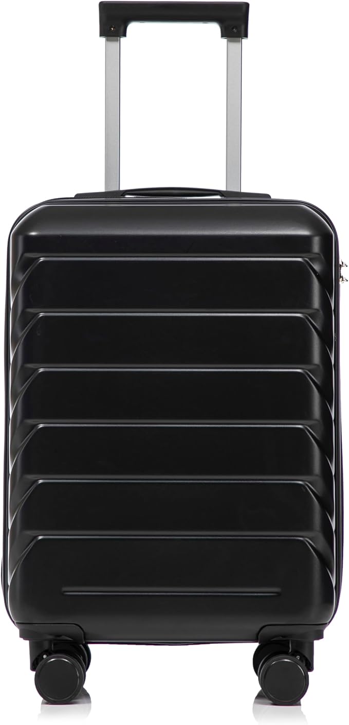 GDFStudio 20" ABS Hardshell Checked Luggage, Medium Capacity Travel Suitcase with Scratch Resistant Surface, 360° Silent Spinner Wheels, Combination Lock, Telescopic Handle and Side Hooks, Black by GDFStudio