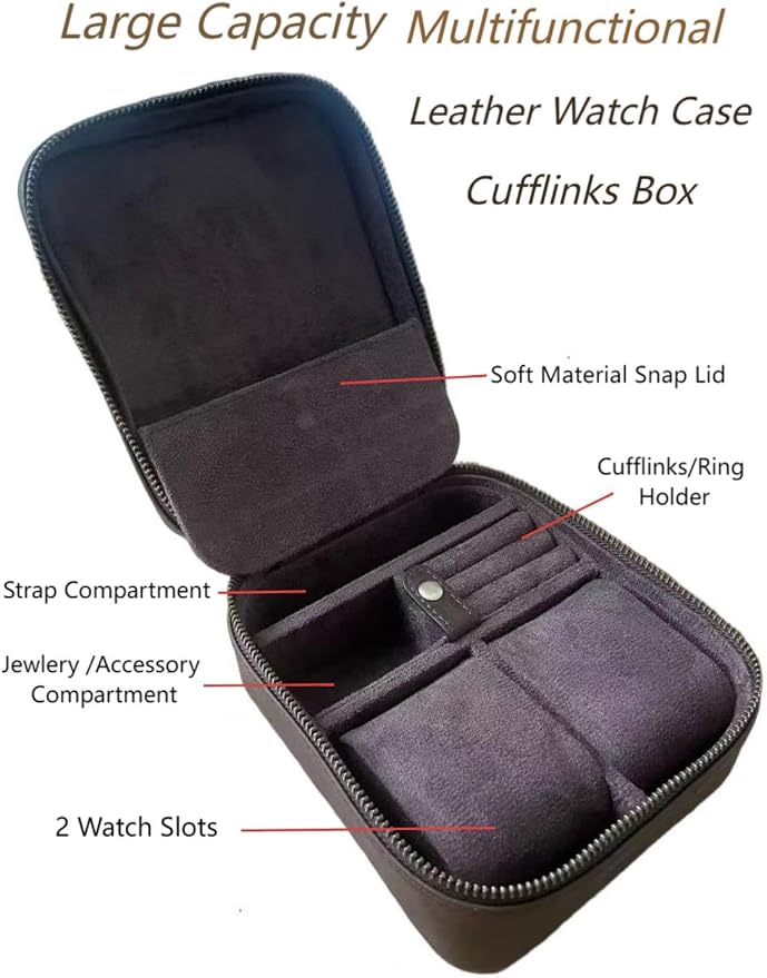 Watch Travel Case for Men, Genuine Leather Watch Case Travel Jewelry Case Vintage Travel Watch Box Handmaded Leather Watch Holder Cufflinks Box for Home Storage,Travel and Display - Image 3