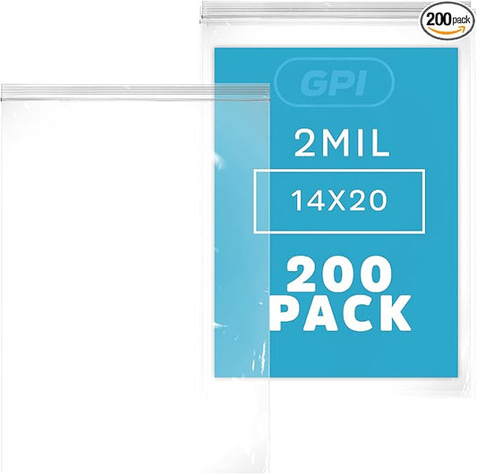 GPI - Extra-large Zip Bags, 14" x 20" Large Reclosable Lock Zip Bags, Clear Plastic Zipper Storage Bags with Zip Top Lock for Freezer, Apparel, Clothing, Food, Supplies - 200 Count by GPI