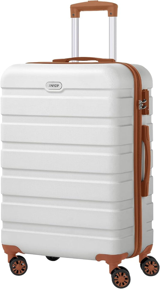 AnyZip Luggage PC ABS Hardside Lightweight Suitcase with 4 Universal Wheels TSA Lock Checked-Medium 24 Inch White Brown by YourBestTravelChoice