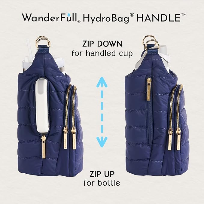 WanderFull Original HydroBag Handle®, Zipper for Handle, 40 oz Water Bottle Holder w/Strap, Crossbody Carrier Bag w/Phone Pocket, Tumbler Accessories - Island Navy Matte w/Patterned Strap - Image 6