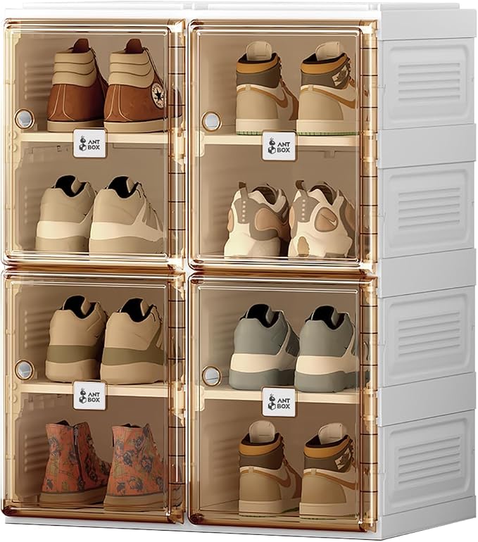 ANTBOX Shoe Organizer Storage Box, Portable Folding Shoe Rack For Closet With Magnetic Clear Door,Large Sneaker Cabinet Bins All-in-one Sturdy Easy Assembly 4 Layers-8 Grids by ANTBOX