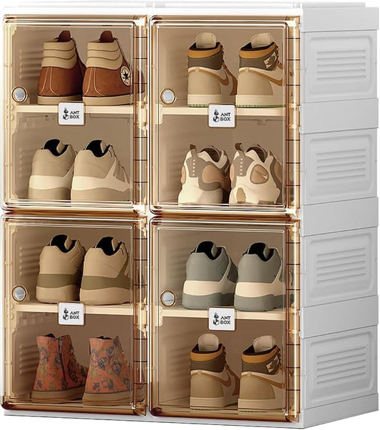ANTBOX Shoe Organizer Storage Box, Portable Folding Shoe Rack For Closet With Magnetic Clear Door,Large Sneaker Cabinet Bins All-in-one Sturdy Easy Assembly 4 Layers-8 Grids by ANTBOX
