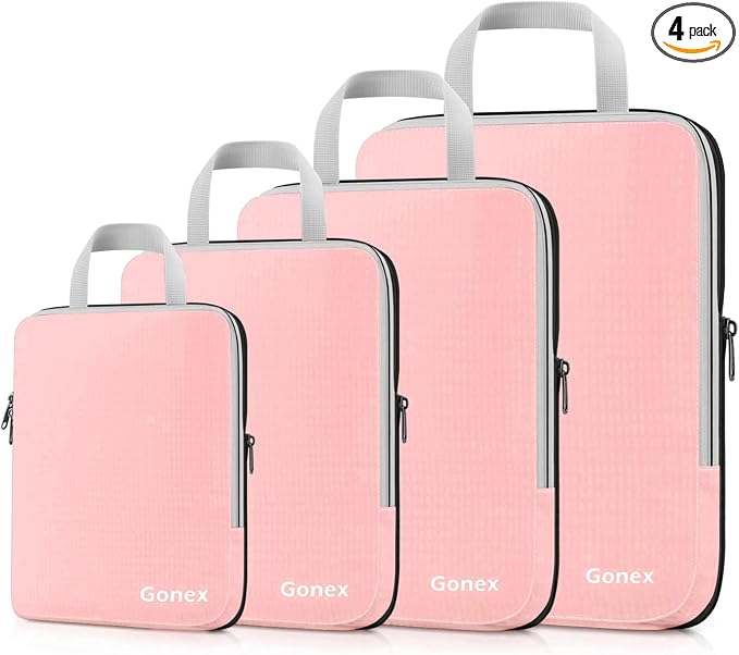 Gonex Compression Packing Cubes, 4pcs Expandable Storage Travel Luggage Bags Organizers (Pink) by Gonex