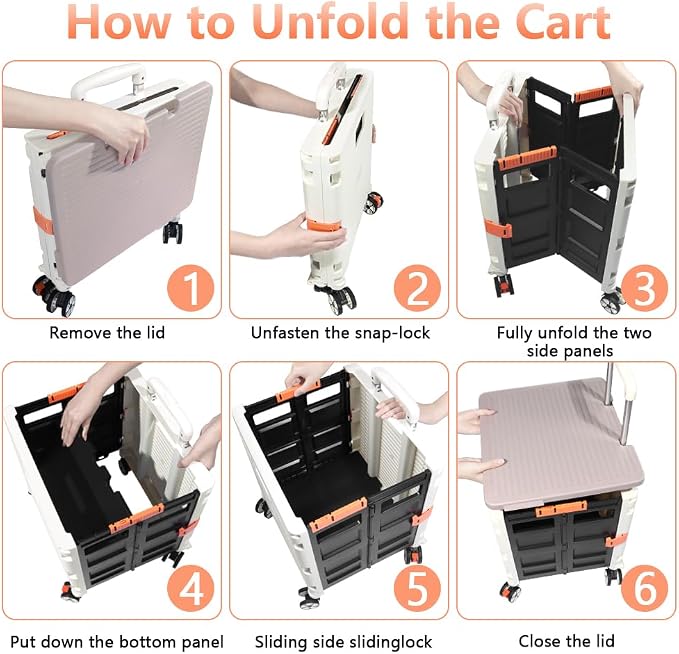 FELICON SELORSS Foldable Utility Cart Folding Portable Rolling Crate-White | Durable,Heavy Duty,Plastic Box,Telescoping Handle,4 Rotate Wheels,Collapsible Handcart for Travel Shop Move Luggage Office - Image 4