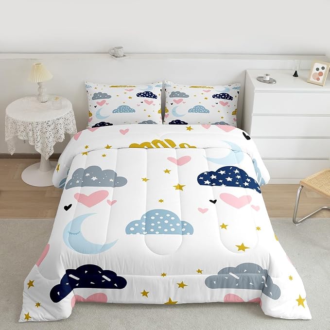 Kawaii Comforter Set With 2 Pillow Cases, Moon Stars Cloud Bedding Set Full Size For Kids Girls Boys Children,Pink Love Heart Quilt Cartoon Rainbow Down Comforter Soft Cozy Lightweight Duvet Insert - Image 3