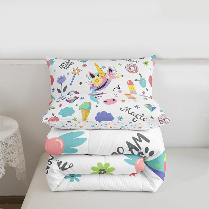 Unicorn Comforter Set For Kids, Strawberry Cherry Bedding Set Fantasy Rainbow Duvet Insert For Girls Boys Children Bedroom Decor, Cartoon Animal Dessert Duvet Sets With 2 Pillow Cases, Queen Size - Image 7