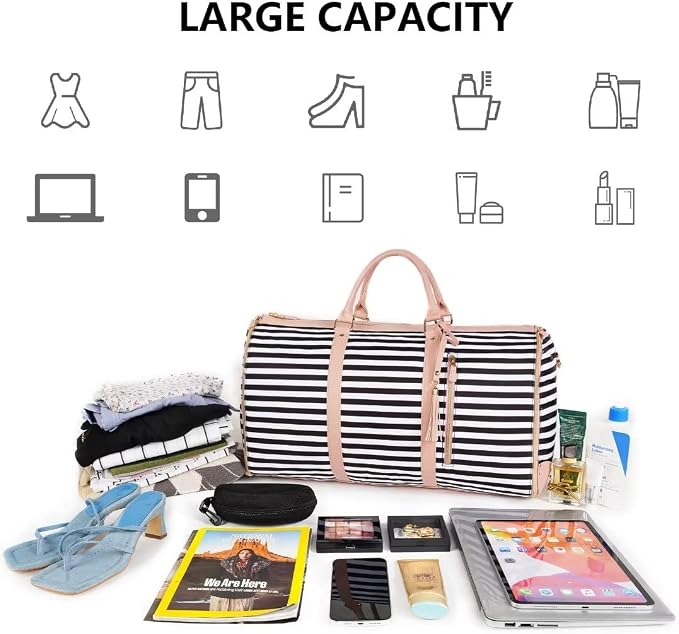 Ytonet Carry On Garment Bag, Large Hanging Duffle Bag for Women, PU Leather Waterproof Bags Travel with Shoe Pouch - 2 in 1 Suitcase Suit Bags, Black and White Stripe - Image 3