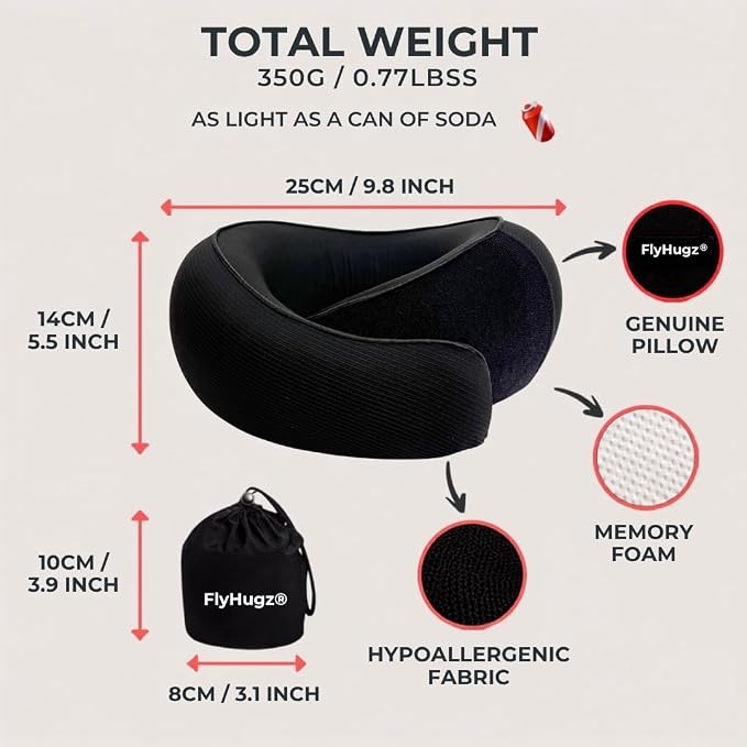 FlyHugz® Neck Travel Pillow Memory Foam Neck Pillow for Comfort on Airplane Compact and Ergonomic Design for Travel, Car Rides, and Home Use Ideal for Adults and Kids. (Midnight Black) - Image 4