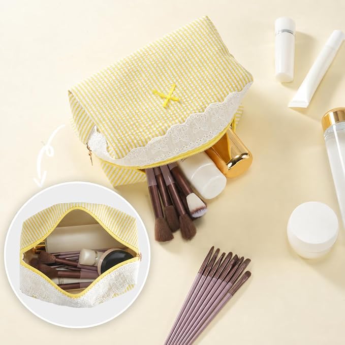 Makeup Bag Travel Toiletry Bag for Women, Small Cosmetic Bags with Lace Trim Cute Yellow Stripe Aesthetic Organizer Makeup Pouch for Purse Emergency Bag Pencil Case Accessory Bag - Image 5