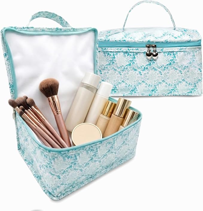 Jacaranda Living Vanity Bag/Train Case - Water-Resistant, PVC-Lined, Easy to Clean, Compact & Travel Ready Makeup Organizer - Aqua Trellis Print - Image 6