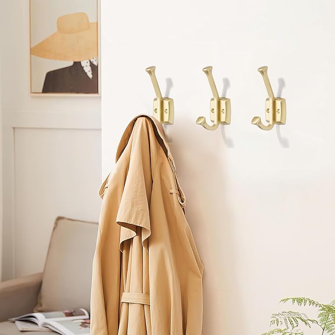 khtumeware 3 Pack 4.7 inch Brushed Gold Coat Hooks Wall-Mounted Hooks | Applicable to hanging,Towel,robe,bathroom,bag,clothes,entryway Zinc Alloy bathroom hooks - Image 3