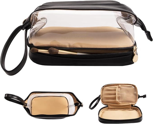 Abiudeng Large Capacity Makeup Bag Ladies Cosmetic Bag Travel Bag with Compartments Portable PU Leather Travel Makeup Bag with Handle by Abiudeng