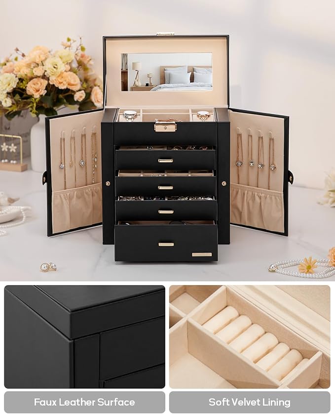 Homde Synthetic Leather Huge Jewelry Box Mirrored Watch Organizer Necklace Ring Earring Storage Lockable Gift Case (Black + Gold) - Image 6
