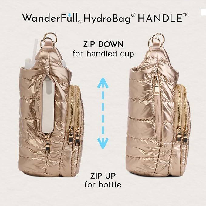 WanderFull Original HydroBag HANDLE®, Zipper for Handle, 40 oz Water Bottle Holder w/Strap, Crossbody Carrier Bag w/Phone Pocket, Tumbler Accessories - Gold Shiny w/Vegan Leather Trimmed Strap - Image 6