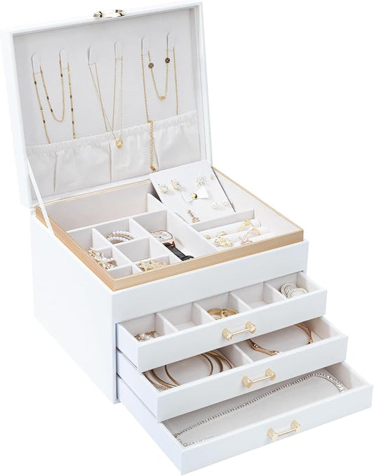 Jewelry Organizer Box, Women Jewelry Box White Jewelry Case 3-Layer with 3 Drawers, Jewelry Boxes for Women Jewelry Organizer, White by V-LafuyJewelryBox