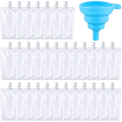 Patelai 250 Pieces Plastic Liquid Pouch Reusable Juice Pouches Travel Water Leak Proof Bags Bulk with Collapsible Silicone Funnel for Travel Outdoor (16 oz) by Patelai