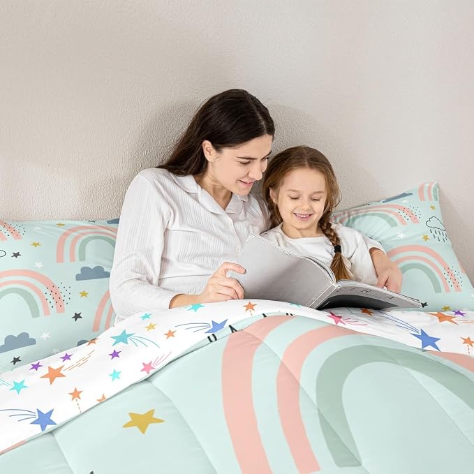Rainbow Comforter Set For Girls, Cartoon Stars Cloud Quilt Kawaii Decor, Cute Rainbow Ripple Down Comforter For Kids Boys Child Women, Iridescent Stripes Bedding Set With 1 Pillow Case, Twin Size - Image 5