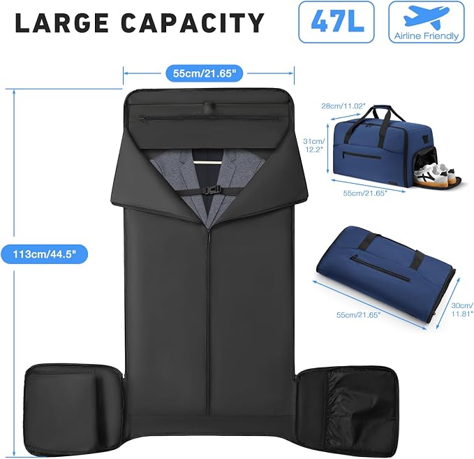 Garment Duffle Bags for Travel,Convertible Garment Bag with Shoes Compartment,Suit Carry-on Bag Expandable with Shoulder Strap for Men and Women Business Trip,Weekend,Wedding(Blue) - Image 7