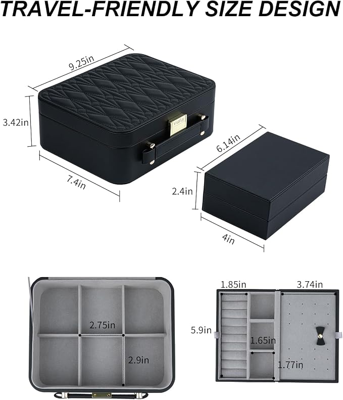 Large Jewelry Travel Organizer, 2 Layers Jewelry Box with Tray Black - Image 7