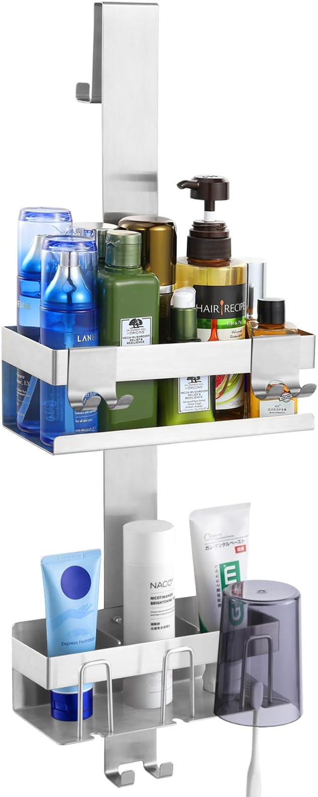 Emibele Over The Door Shower Caddy 2 Tier, 304 Stainless Steel Hanging Shower Caddy Rustproof Shower Shelves, No Drilling Hanging Shower Organizer for Bathroom Glass Door, Silver by Emibele