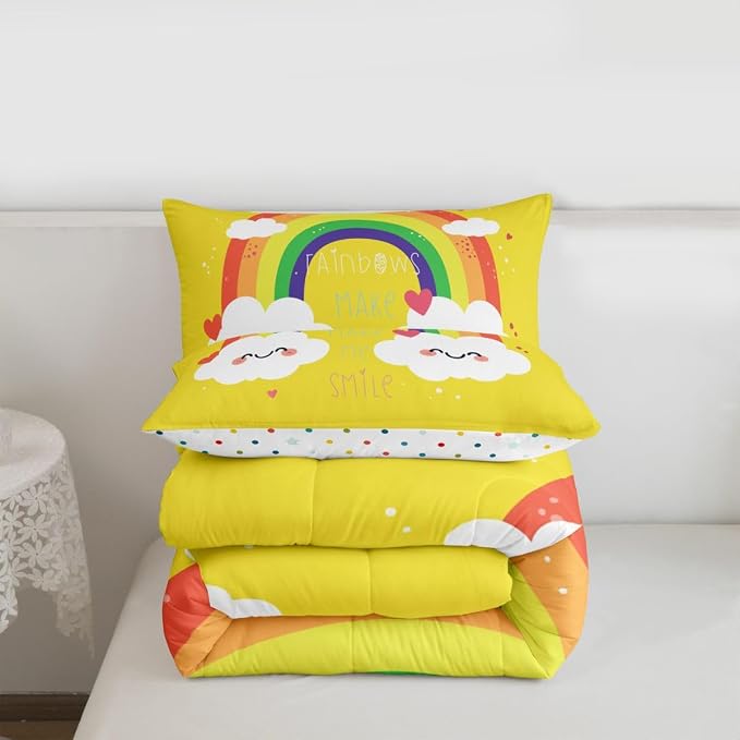 Erosebridal Rainbow Quilted Comforter Twin Size, Kawaii Comforter Set Love Heart Bedding Set Cartoon Rainbow Iridescent Down Comforter,2 Pcs One Bed Comforter and One Pillowcase in One Bag, Yellow - Image 7