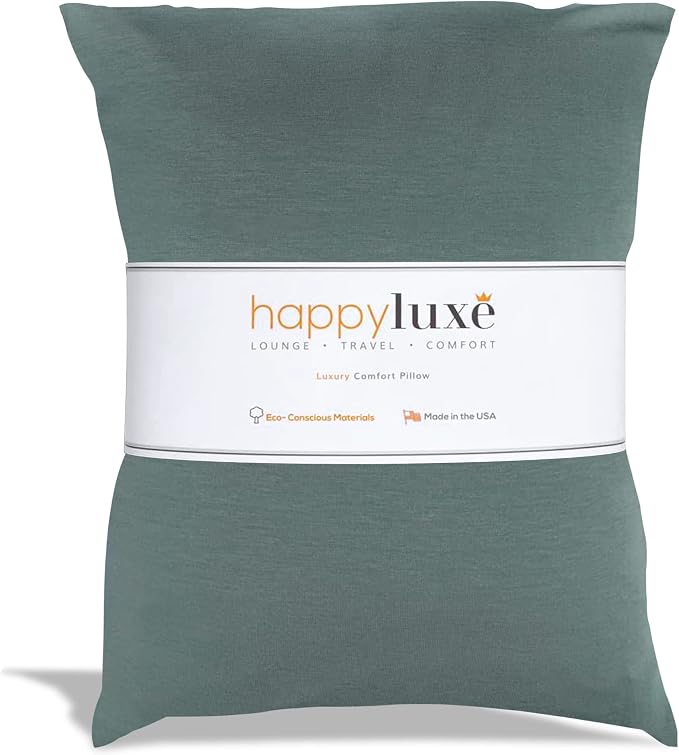Happyluxe Travel Pillow for Long Flights - Soft, Small, Alternative to Down and Memory Foam. 17 x 13in - Made in the USA, Sage Green Airplane Pillow for Adults Sleeping, Camping or Nap by Happyluxe