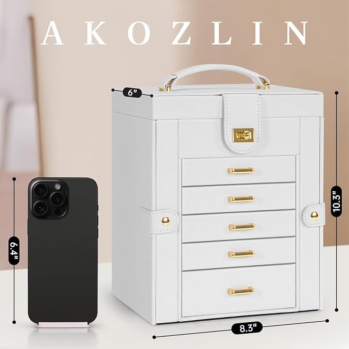 AKOZLIN 6-Tier Jewelry Box Organizer Functional 5 Drawers Leather Jewelry Storage Case for Women Girls Ring Necklace Earring Bracelet Holder Organizer with Mirror White Regular - Image 3