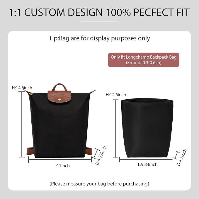 Soft Nylon Purse Organizer Insert for Longchamp Le Pliage M Backpack,Waterproof Lightweight with Laptop Compartment Long Champ Medium Backpack,Upgrade Taller Bag Insert with Cup Holder, Black - Image 2