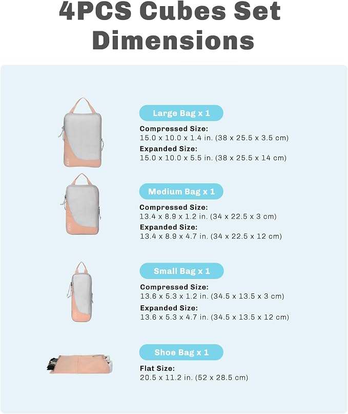 Hynes Eagle 6 Set/ 4 Set/ 2 Set Compression Packing Cubes Travel Essentials Lightweight Nylon Luggage Suitcase Organizer Bag Light Pink 4PCS - Image 2