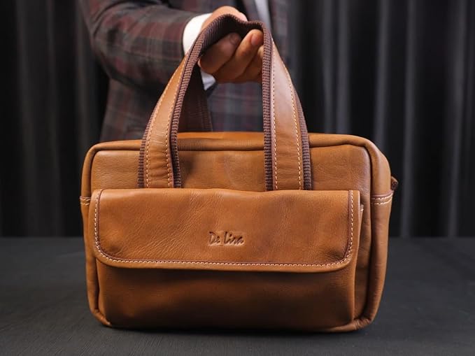 De Lira Extra Large Full-grain Leather Toiletry Bag, Shaving Kit & Cosmetics Case, 10x6x5.5 in, Travel Organizer for Men & Women, Light Brown - Image 3