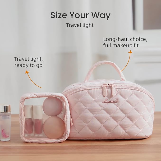LOVEVOOK Travel Makeup Bag for Women, 2Pcs Puffer Waterproof Cosmetic Organizer, Large Capacity Pouch Open Flat Small Toiletry Bag with Brush Compartment & Handle (Pink-M, Medium) - Image 6