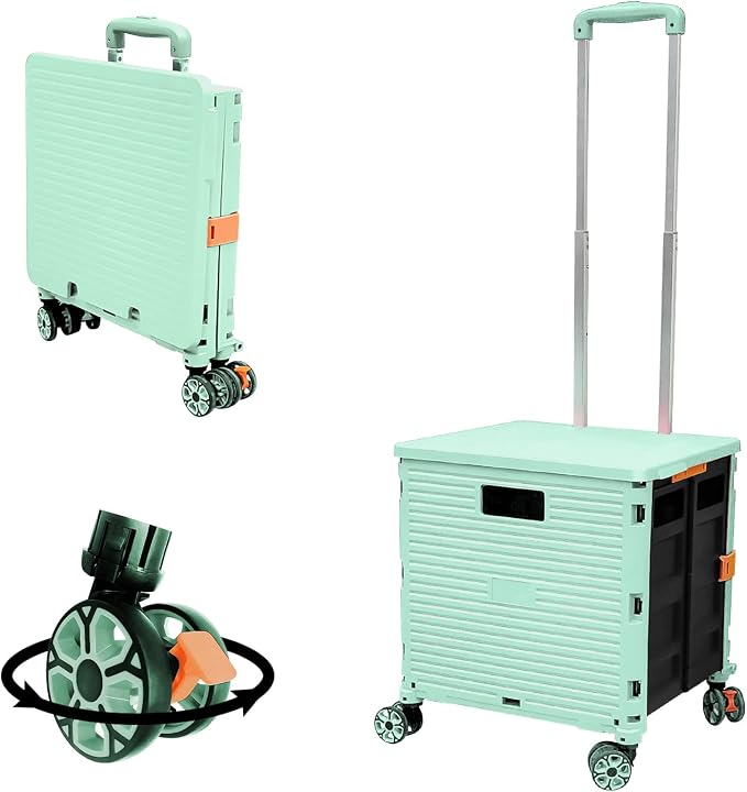 FELICON SELORSS Foldable Utility Cart Folding Portable Rolling Crate-Green | Durable,Heavy Duty,Plastic Box,Telescoping Handle,4 Rotate Wheels,Collapsible Handcart for Travel Shop Move Luggage Office by FELICON
