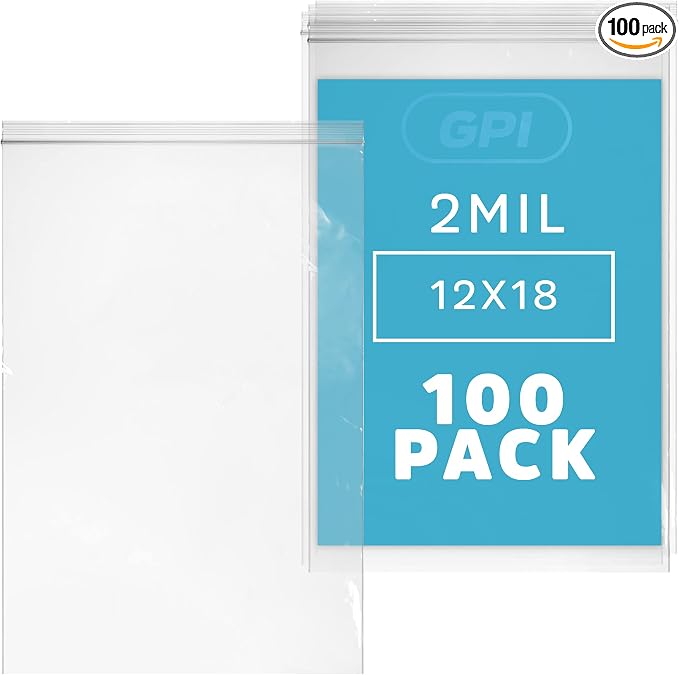 GPI - 12" x 18" Zip Bags, 100 Count, Clear Plastic Reclosable Zipper Poly Baggies, with Resealable Zip Top Lock. for Freezer, Apparel, Clothing, Food, Home & Office Supplies. by GPI
