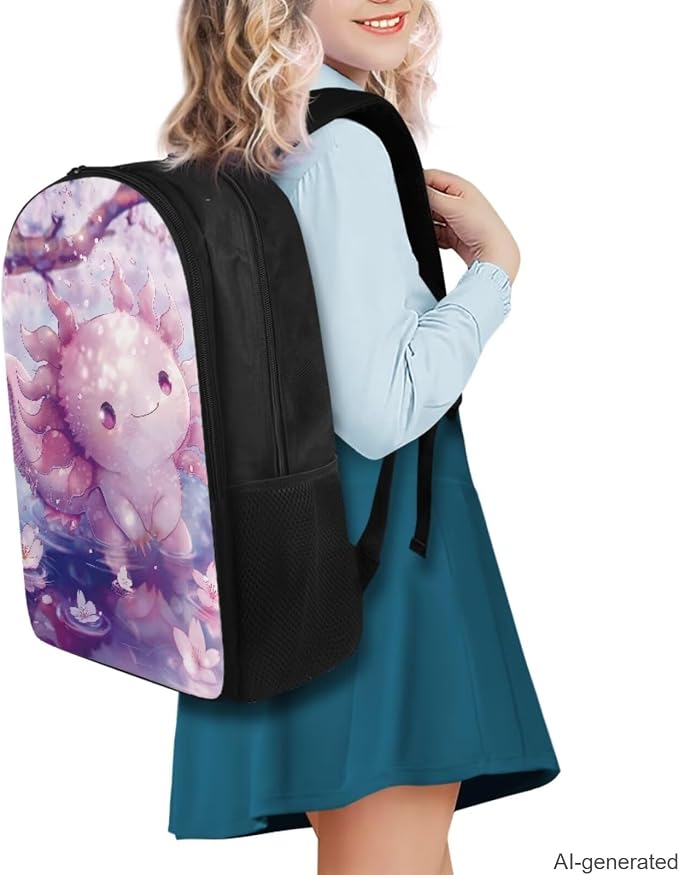 Cherry Blossom Axolotl Backpack for Girls Kids Backpack with Lunch Box Water Bottle Pouch and Kawaii Pencil Case 4PCS Set Cute Bookbag with Compartments 17" School Bag for Elementary Girls - Image 2
