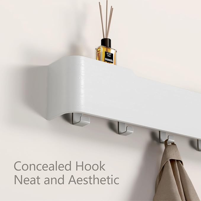 Wall Mounted Coat Rack with Shelf, Wooden Entryway Organizer with Hidden Metal Hooks for Hanging Coats Bags Keys, Modern Floating Shelf for Hallway Bathroom - Image 4