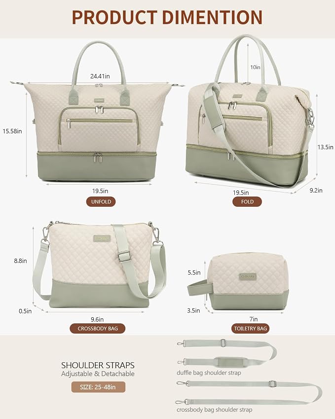 Weekender Bags for Women, Travel Duffle Bag Carry On Overnight Bag with Cosmetics Bag and Crossbody Purse for Gym Hospital, Gifts for Women, Beige Green - Image 3