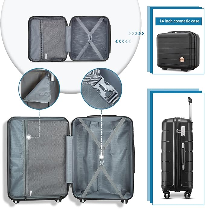 Somago Luggage Sets 3 Piece Hard Shell Polypropylene Suitcase with TSA Lock Spinner Carry On Luggage with Beauty Case Travel Set,Classic Black - Image 4